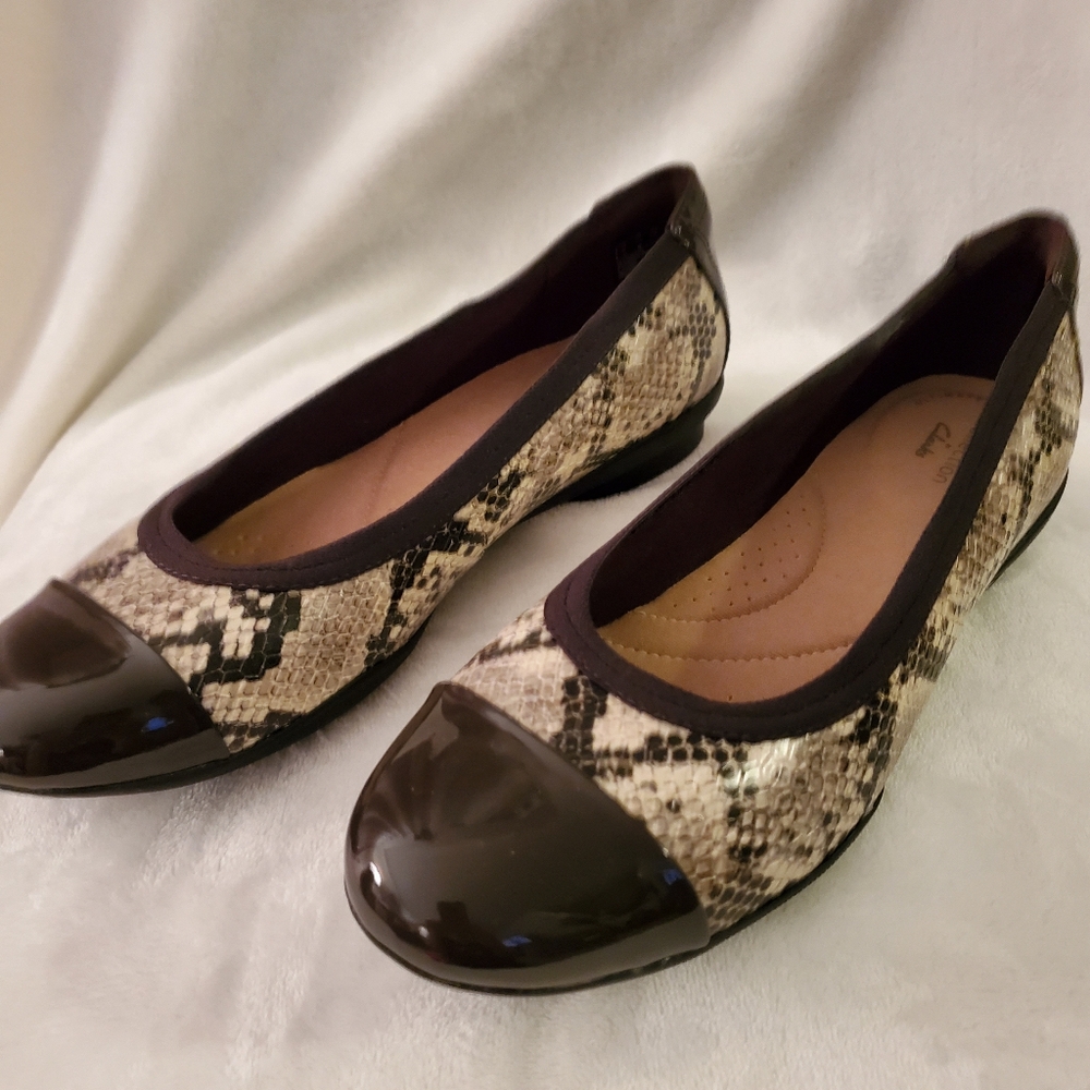 Clarks Leather Flats - Brown Patent and Snake Print - 7.5